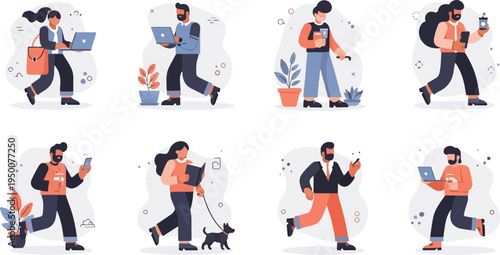 Stylized figures engaged in various modern activities with technology and pets