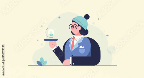 Stylized figure in blue suit holding a miniature globe with plant