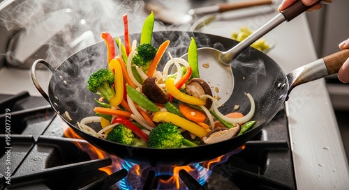 Chef stir-frying fresh, colorful vegetables in a wok over a hot gas flame, creating a delicious and healthy meal