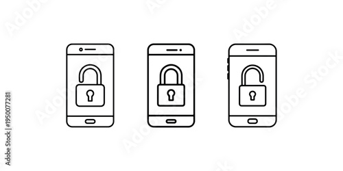 Smartphone lock and unlock icons set representing mobile security and data protection concept with digital padlock symbols