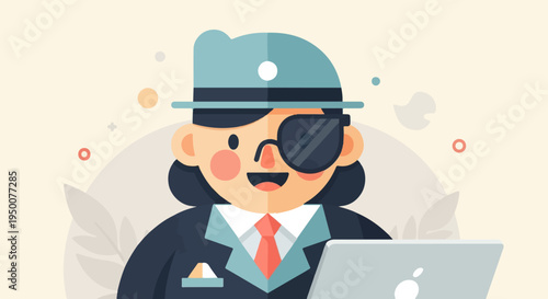 Stylized cartoon character wearing a hat, eyepatch, and suit, working on a laptop