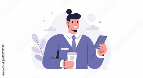 Smiling businessman in suit holding phone and coffee cup, with plants