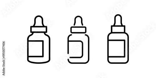Dropper bottle outline icon set for cosmetic serum and medical drops liquid medication packaging with label space for pharmacy and laboratory equipment
