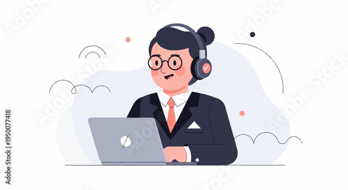 Person wearing headphones and glasses at a laptop, dressed in a suit
