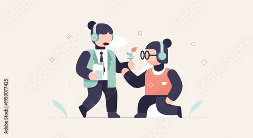 Stylized figures in headphones share a small plant, one standing, one kneeling