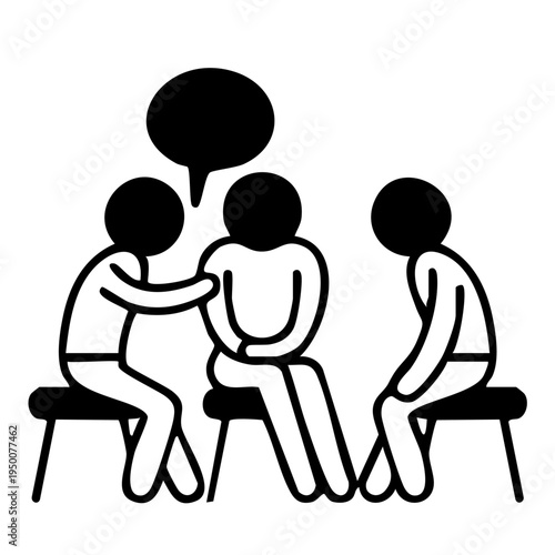 An illustration of three people sitting in a circle having a conversation. The image depicts a simple and minimalist design with black lines on a white background. The people are shown as basic
