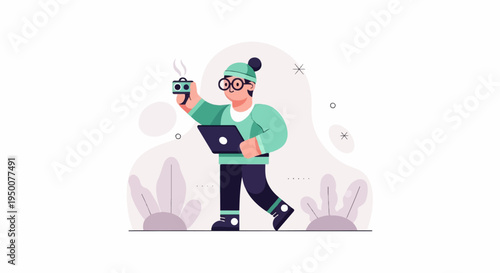 Person with laptop and hot drink on a white background with abstract shapes