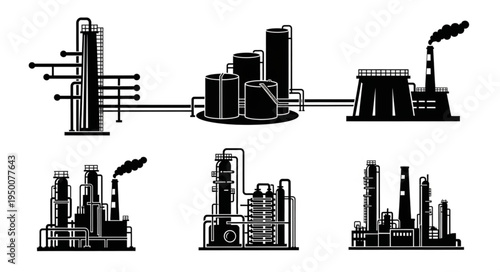Silhouette Illustration of Industrial Plants and Factories for Energy Production.
