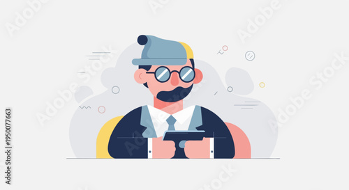 Stylized man in suit, hat, and glasses holds a tablet with a mustache