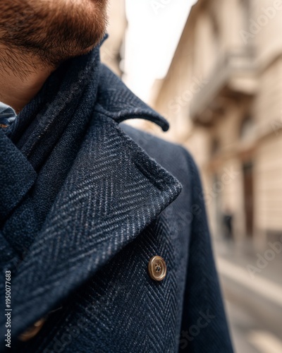 Close-up of a perfectly tailored navy blue wool coat on a person.
