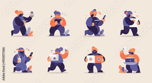 Stylized figures with orange and blue outfits interacting with devices and objects