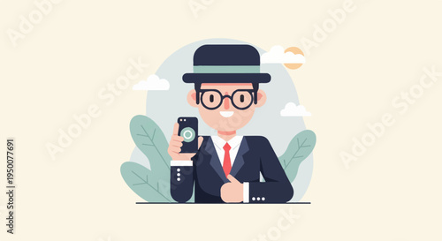 Stylized man in suit, hat, glasses, holding up a smartphone outdoors