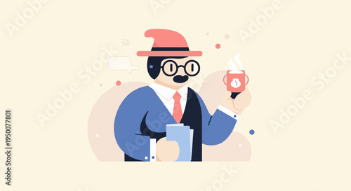 Stylized figure in hat and suit holds coffee cup and documents