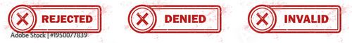 Rejected, Denied and Invalid Rubber Stamp Set – Red Rejection Status Badges for Documents, Applications, Security Access, Financial Requests and Business Administration. Transparent Grunge Effect.