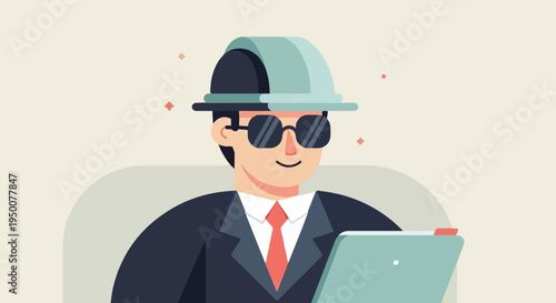 Stylized man in suit, glasses, and hard hat using laptop