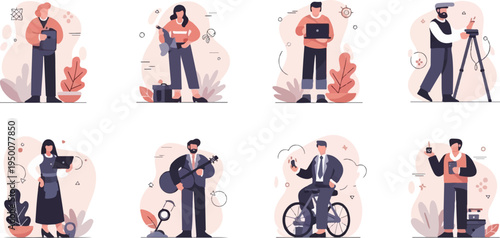 Stylized illustrations of people engaged in various hobbies and professions
