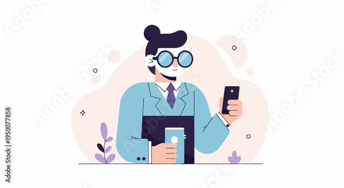 Stylized figure in light blue suit with glasses holding phone and device