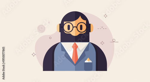 Stylized flat illustration of a bearded man in a suit and tie