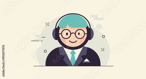 Stylized cartoon character with headphones and glasses, wearing a suit