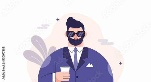 Stylish man in suit and sunglasses holds a coffee cup