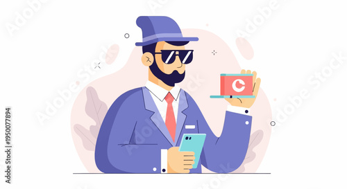 Stylish man in suit and hat, holding phone and laptop