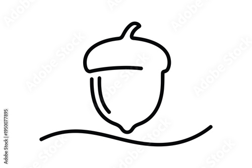 A simple black line drawing of an acorn with a cap on top, sitting on a wavy line, symbolizing nature and growth, on a white background.