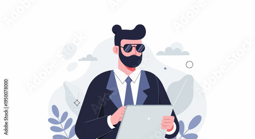 Stylish man in suit with sunglasses using a tablet on a minimalist background