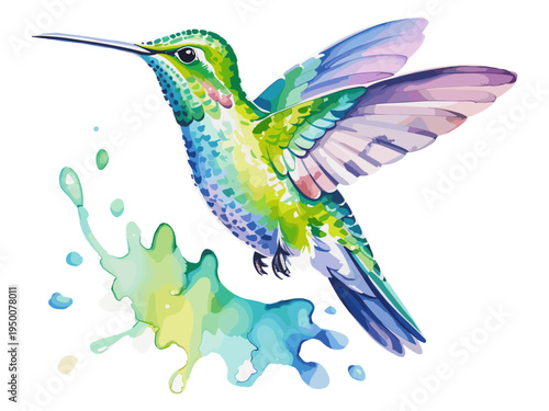 Watercolor illustration of a colorful hummingbird hovering with vibrant green feathers and rainbow paint splash beneath