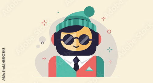 Stylized flat illustration of a cool, bearded person wearing a winter hat and headphones