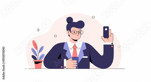 Stylized man in suit taking photo with smartphone, next to potted plant