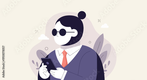 Stylized figure in suit and tie looking at a phone with abstract background