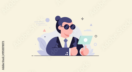 Stylized figure in suit and sunglasses works on a laptop