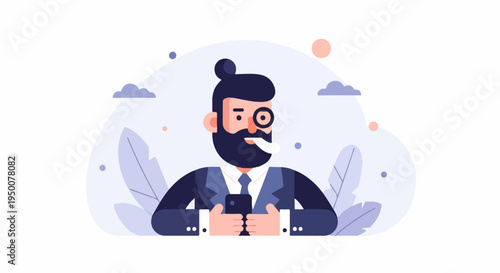 Stylish man with beard and monocle checks phone amidst abstract foliage