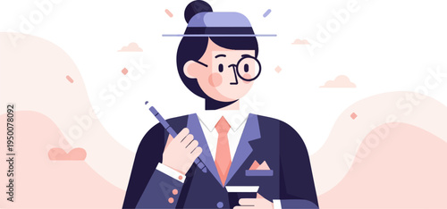 Stylized figure in suit, glasses, hat, holding pen, drinking coffee