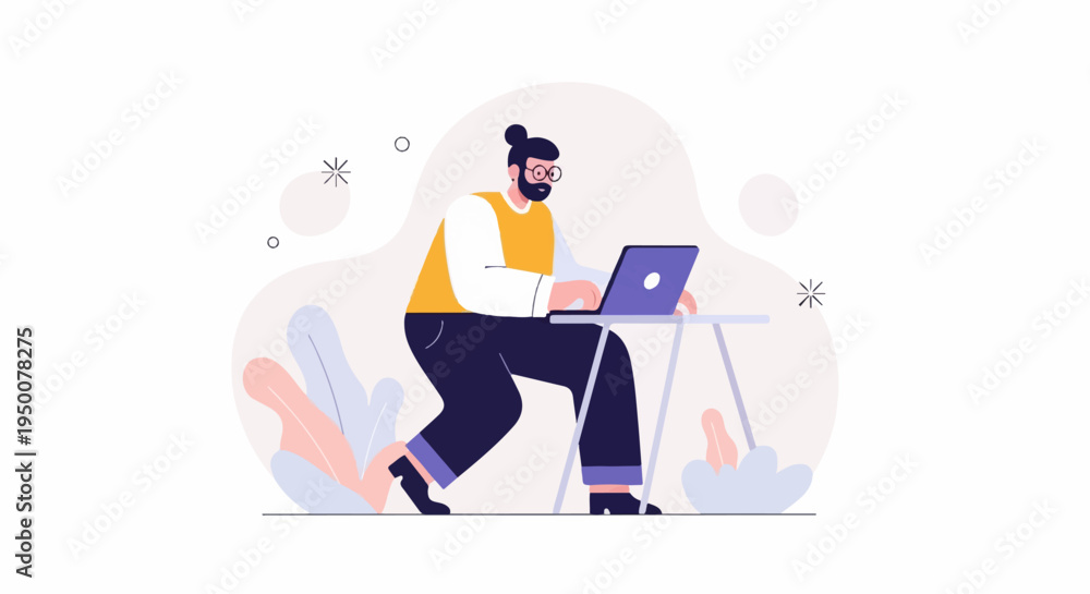 Obraz premium Stylized figure using a laptop computer while surrounded by abstract plant shapes