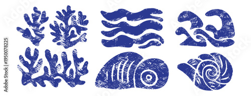 Blue seashell and coral vector set in linocut style. Nautical marine collection with ocean waves, seaweed and nautilus shell. Decorative crosshatch engraving and stamp texture for summer design