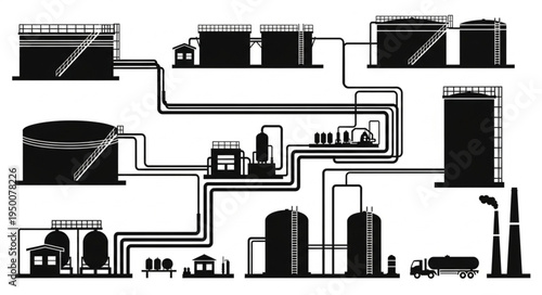 Detailed Silhouette of an Industrial Oil Refinery Complex.