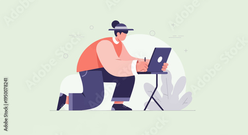 Stylized figure interacting with a laptop on a small table