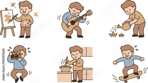 Young Boy Character Practicing Various Creative Hobbies and Talents
