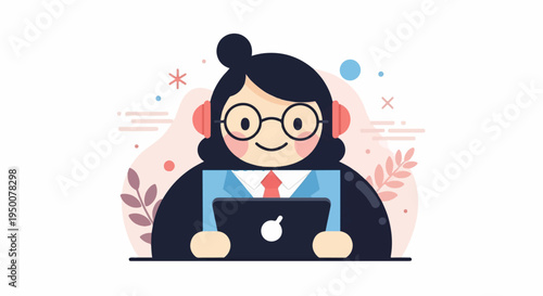 Stylized cartoon character with headphones and laptop, dressed in business attire