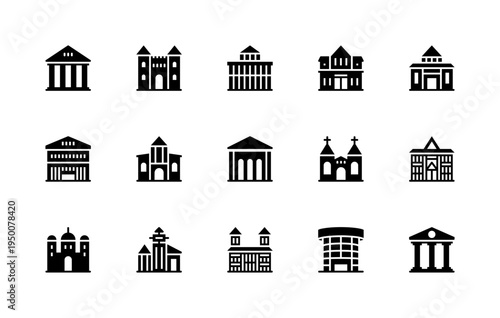 Building and structures vector silhouette icons. Isolated icon collection of buildings alcove, castle, institute, house, church, pavilion and more.