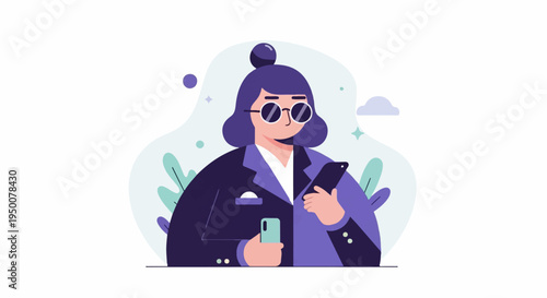 Stylish woman in a suit with sunglasses holding two phones, surrounded by plants