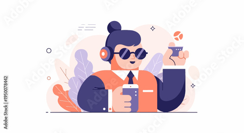 Stylish person with headphones, phone, and drink enjoys a moment
