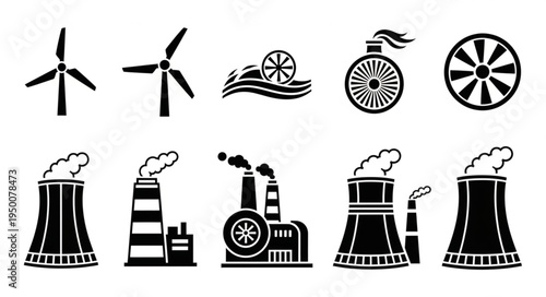 Renewable and Non-Renewable Energy Sources - Wind, Water, and Industrial Power Plants.