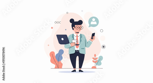 Stylized individual with laptop, phone, and coffee, surrounded by abstract shapes