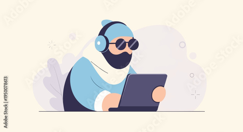 Stylized figure with headphones and glasses uses a tablet device