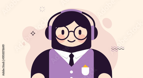 Stylized figure with headphones and glasses, wearing a vest