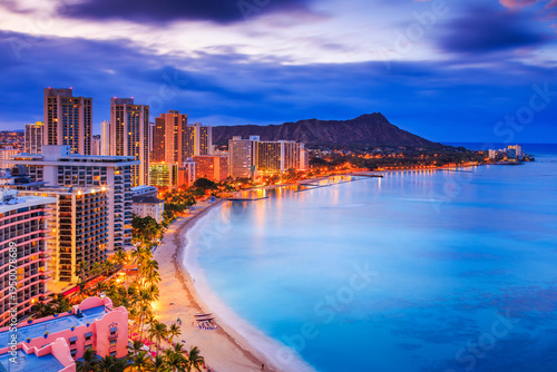 Honolulu, Hawaii. Skyline of Honolulu, Diamond Head volcano including the hotels and buildings on Waikiki Beach.