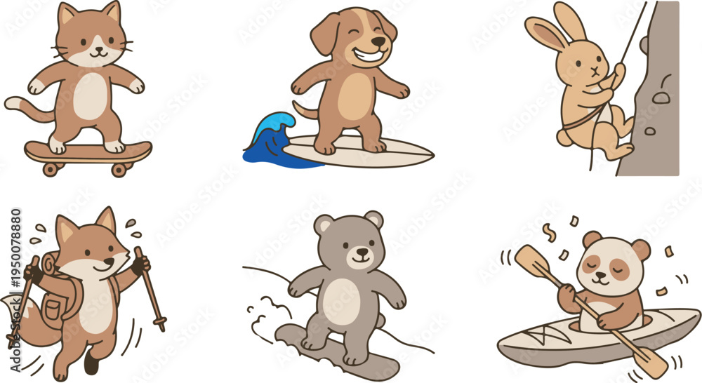 Fototapeta premium Cute Animals Enjoying Outdoor Adventures and Action Sports Illustrations 