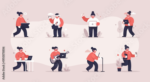 Stylized figures engage in various modern activities and hobbies